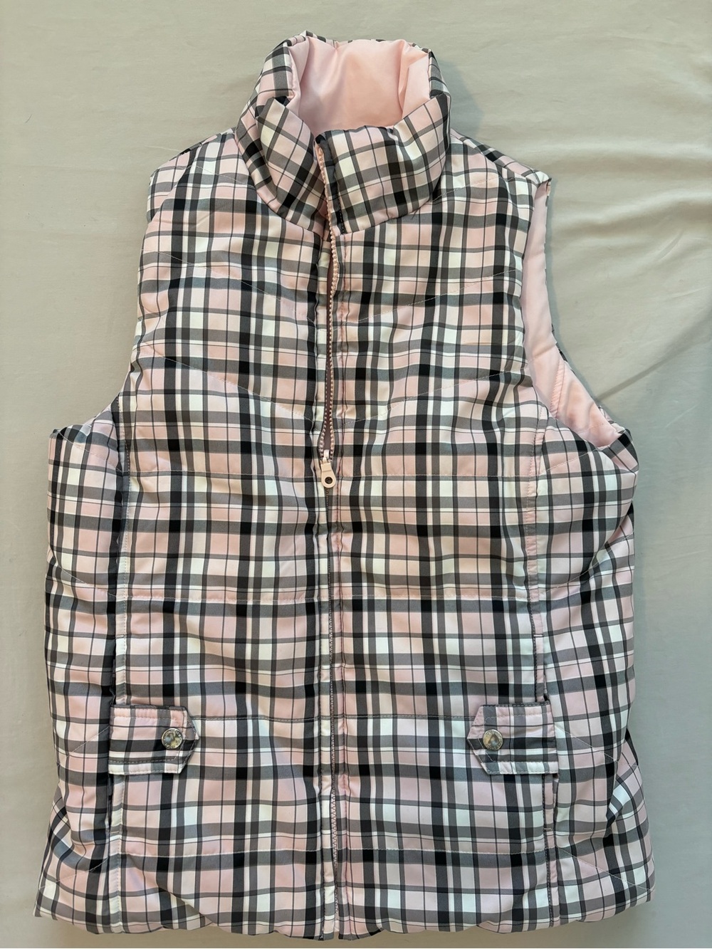 Jones New York Sport Reversible Pink Plaid Puffer Vest Size S
